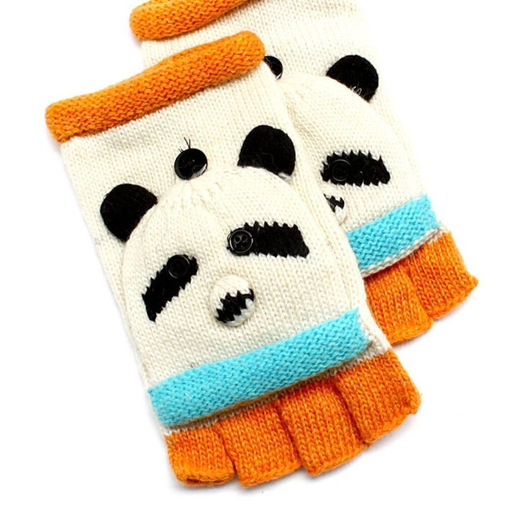 D & Y Womens Kids Knot Winter Hand Gloves Flip Top Panda Bear Wool Blend Mittens